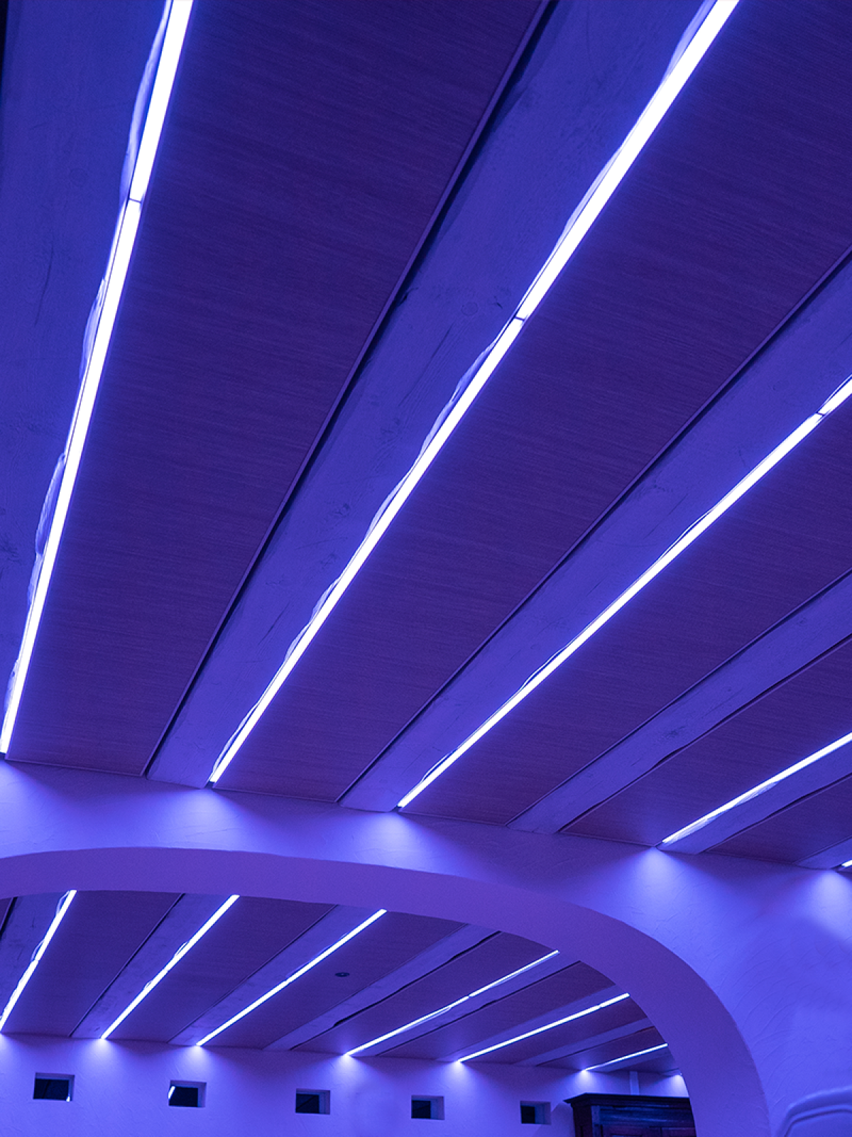 Portes des Iris à Morges salle des fêtes éclairage profils linéaires LED couleur bleu
